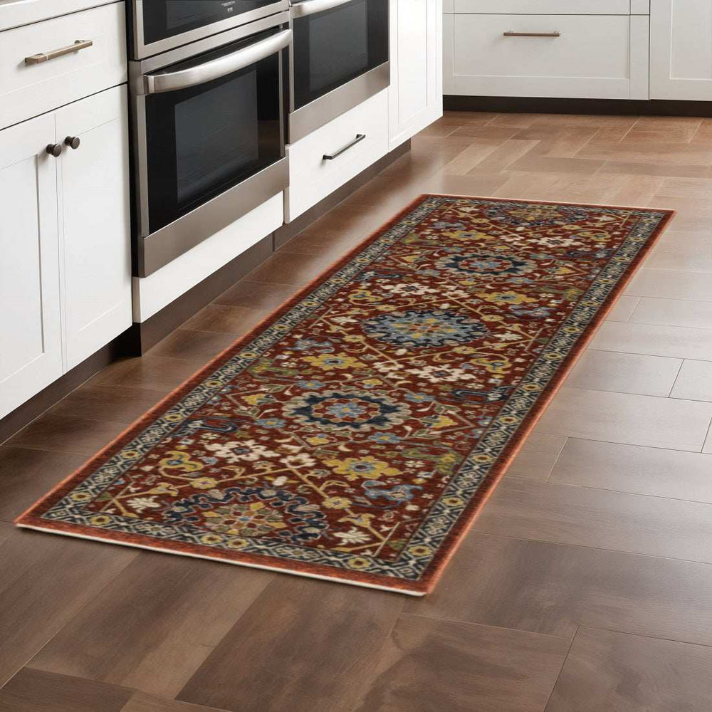 2' X 8' Red Blue Gold And Ivory Oriental Power Loom Stain Resistant Runner Rug With Fringe - Homeroots - Flyclothing LLC