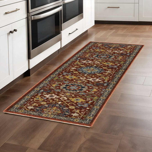 2' X 8' Red Blue Gold And Ivory Oriental Power Loom Stain Resistant Runner Rug With Fringe - Homeroots - Flyclothing LLC