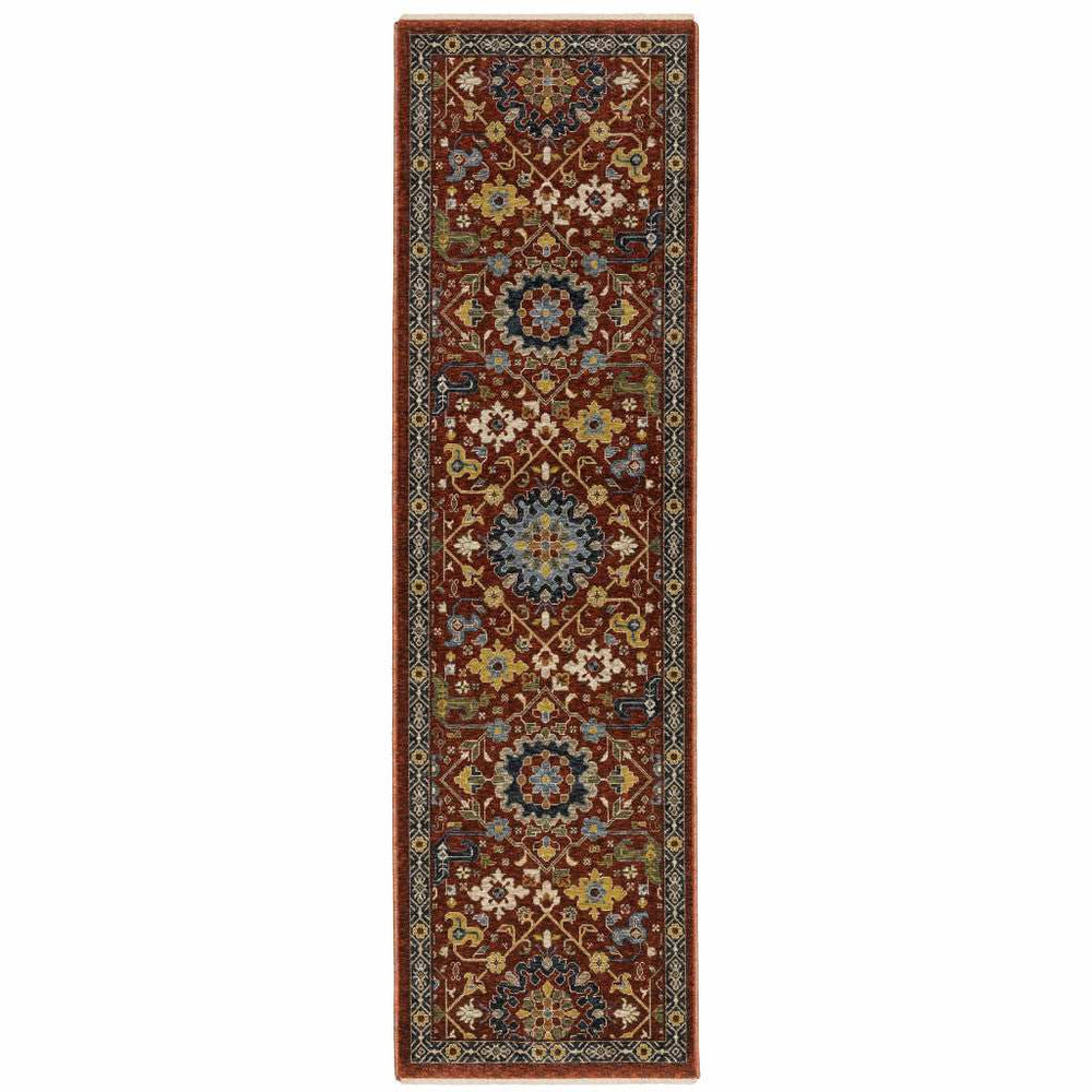 2' X 8' Red Blue Gold And Ivory Oriental Power Loom Stain Resistant Runner Rug With Fringe - Homeroots - Flyclothing LLC