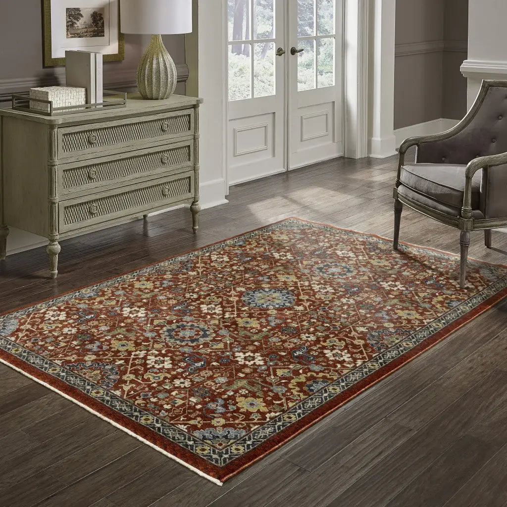 2' X 3' Red Blue Gold And Ivory Oriental Power Loom Stain Resistant Area Rug With Fringe - Homeroots - Flyclothing LLC