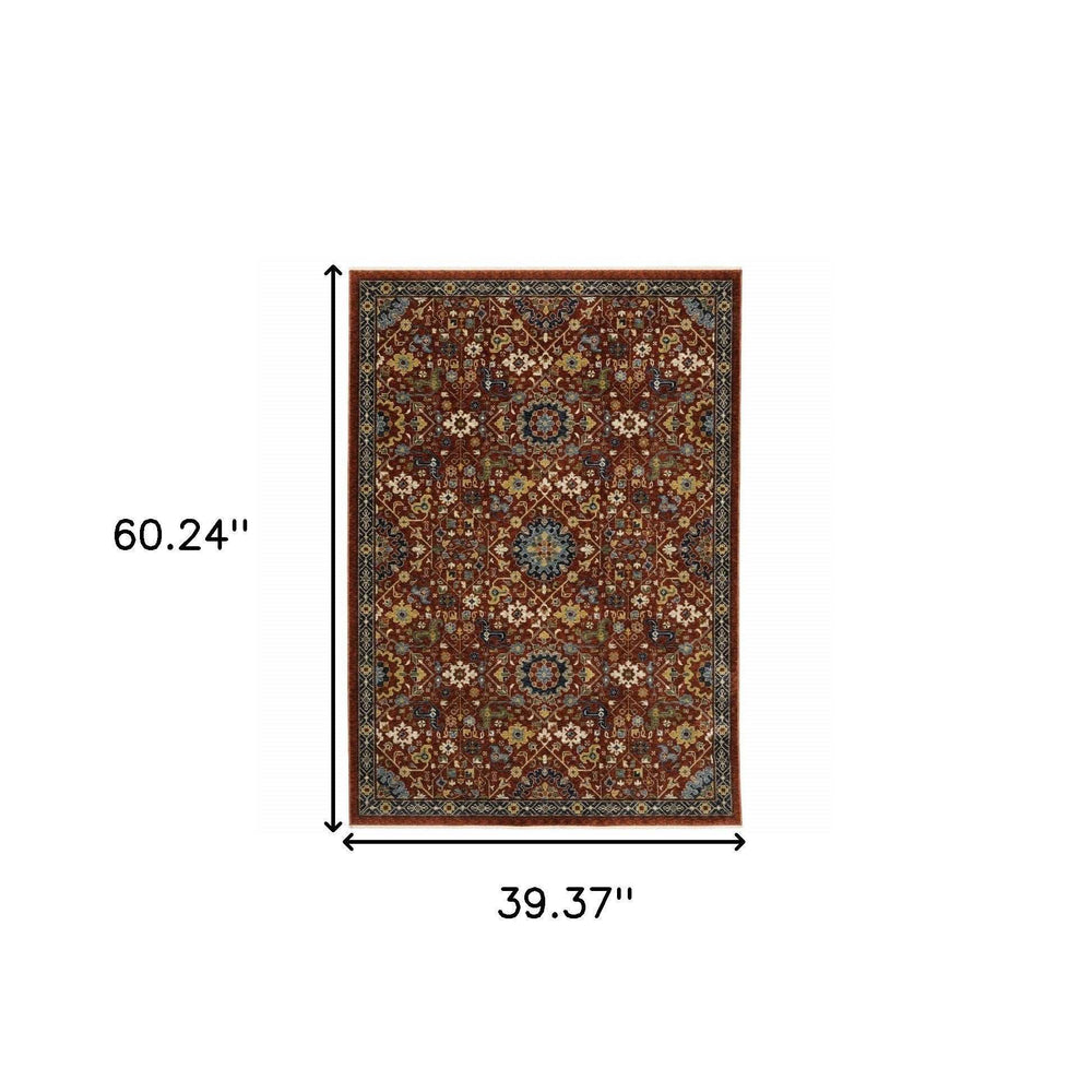 3' X 5' Red Blue Gold And Ivory Oriental Power Loom Stain Resistant Area Rug With Fringe - Homeroots - Flyclothing LLC