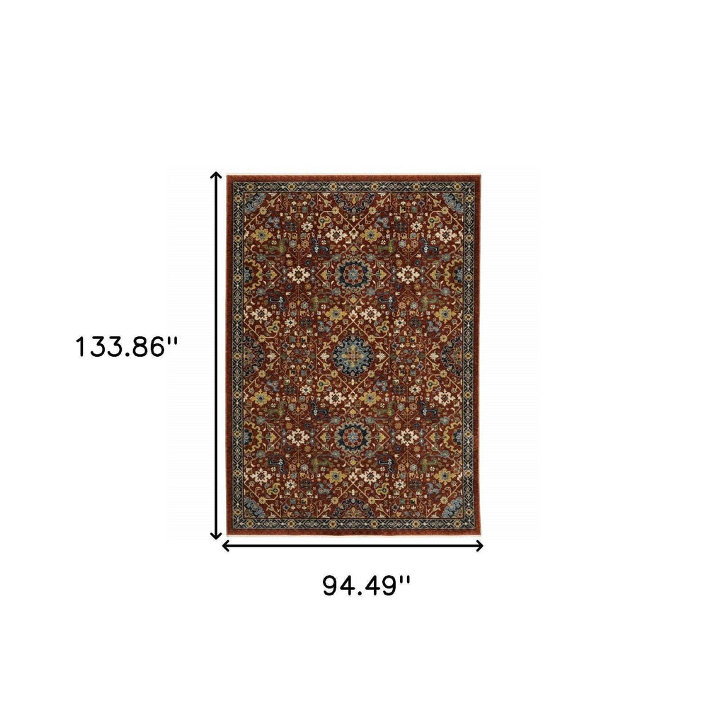 8' X 11' Red Blue Gold And Ivory Oriental Power Loom Stain Resistant Area Rug With Fringe - Homeroots - Flyclothing LLC