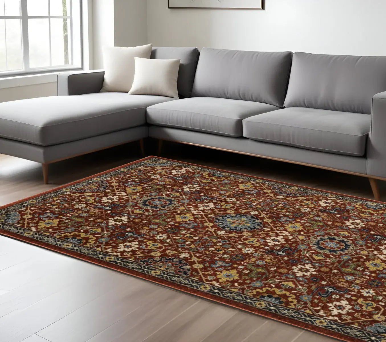 8' X 11' Red Blue Gold And Ivory Oriental Power Loom Stain Resistant Area Rug With Fringe - Homeroots - Flyclothing LLC