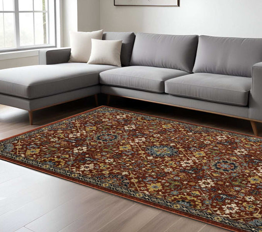 8' X 11' Red Blue Gold And Ivory Oriental Power Loom Stain Resistant Area Rug With Fringe - Homeroots - Flyclothing LLC