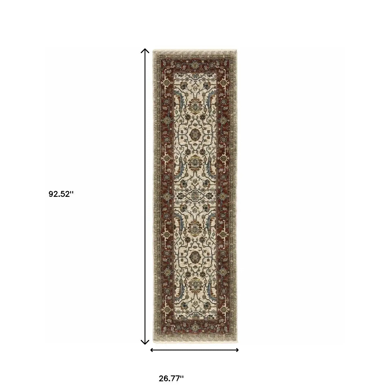 2' X 8' Ivory Red Green Grey Blue And Navy Oriental Power Loom Stain Resistant Runner Rug With Fringe - Homeroots - Flyclothing LLC