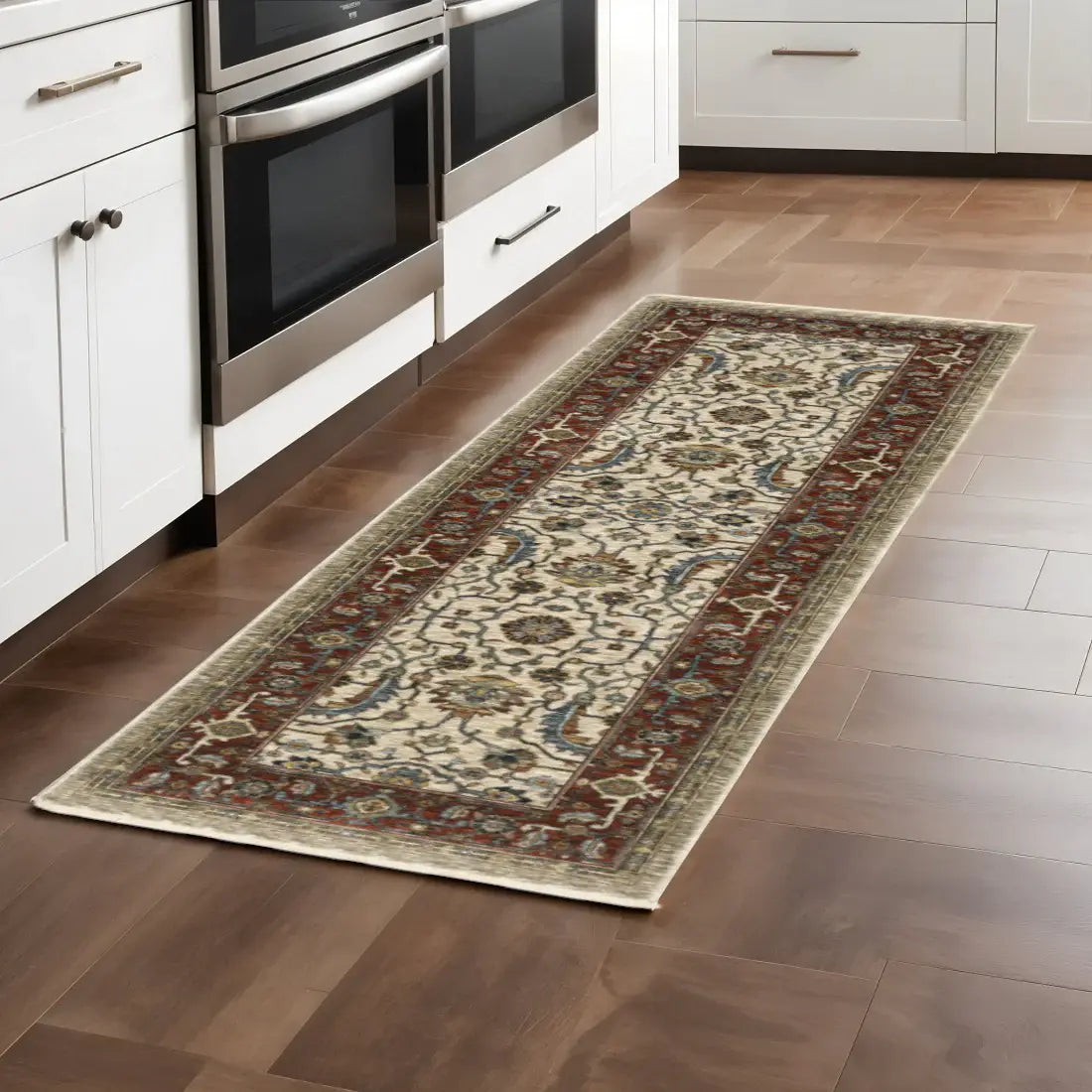 2' X 8' Ivory Red Green Grey Blue And Navy Oriental Power Loom Stain Resistant Runner Rug With Fringe - Homeroots - Flyclothing LLC