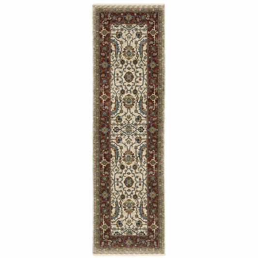 2' X 8' Ivory Red Green Grey Blue And Navy Oriental Power Loom Stain Resistant Runner Rug With Fringe - Homeroots - Flyclothing LLC