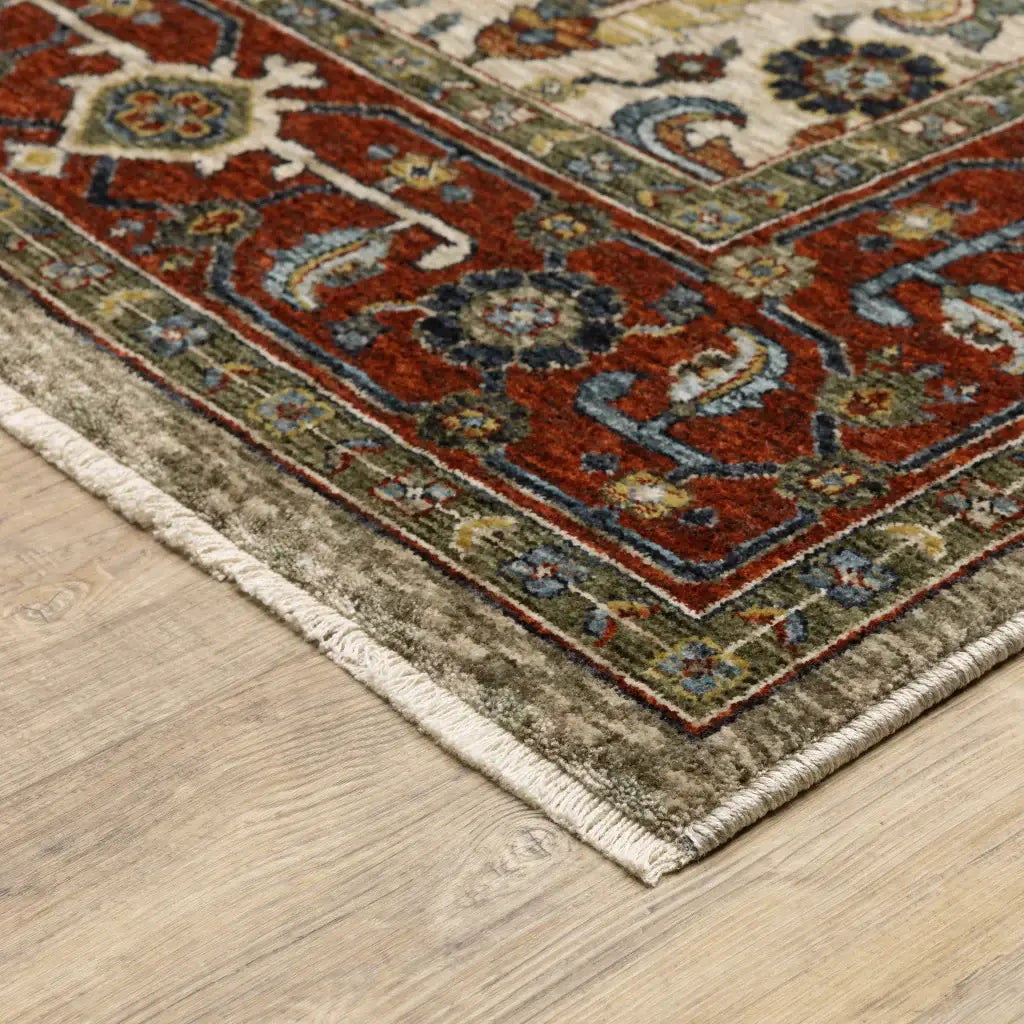 2' X 3' Ivory Red Green Grey Blue And Navy Oriental Power Loom Stain Resistant Area Rug With Fringe - Homeroots - Flyclothing LLC