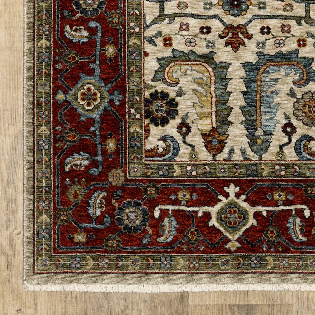 2' X 3' Ivory Red Green Grey Blue And Navy Oriental Power Loom Stain Resistant Area Rug With Fringe - Homeroots - Flyclothing LLC