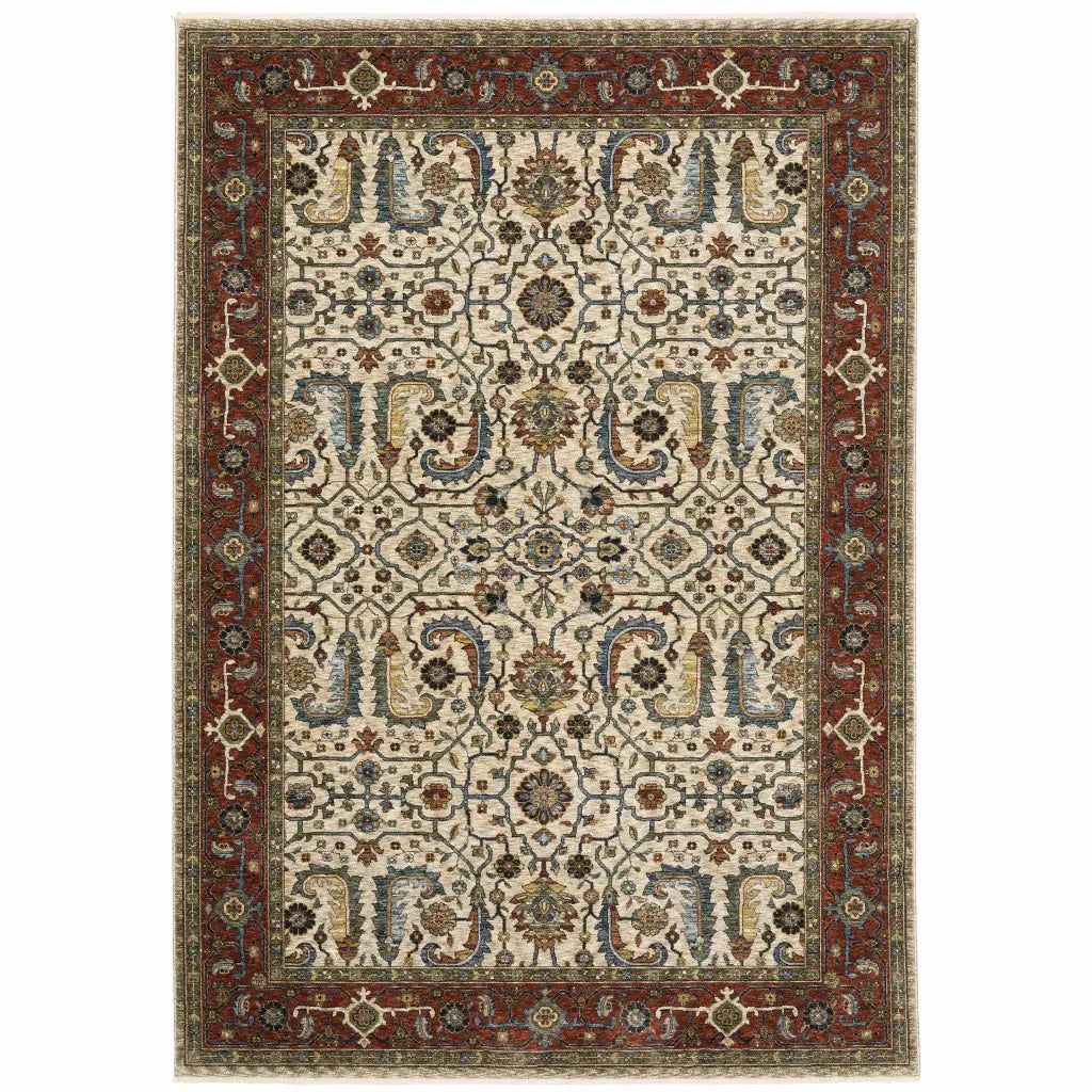 3' X 5' Ivory Red Green Grey Blue And Navy Oriental Power Loom Stain Resistant Area Rug With Fringe - Homeroots - Flyclothing LLC