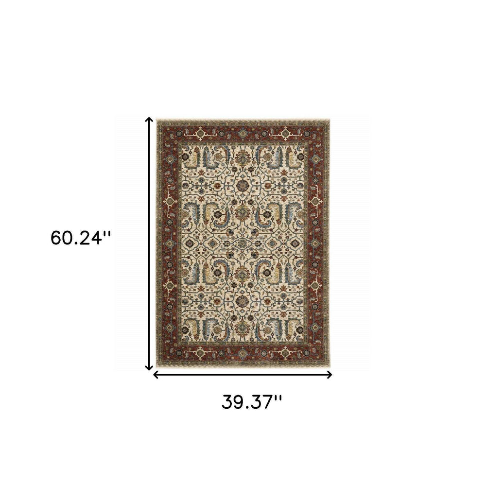 3' X 5' Ivory Red Green Grey Blue And Navy Oriental Power Loom Stain Resistant Area Rug With Fringe - Homeroots - Flyclothing LLC