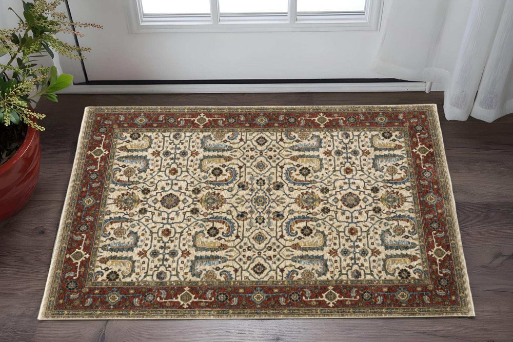 3' X 5' Ivory Red Green Grey Blue And Navy Oriental Power Loom Stain Resistant Area Rug With Fringe - Homeroots - Flyclothing LLC