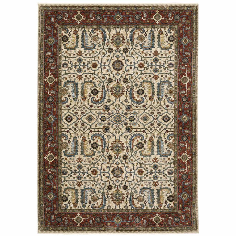 3' X 5' Ivory Red Green Grey Blue And Navy Oriental Power Loom Stain Resistant Area Rug With Fringe - Homeroots - Flyclothing LLC