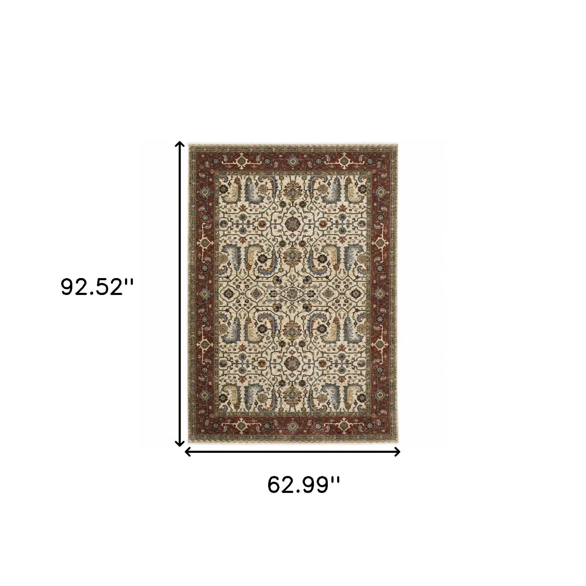 5' X 8' Ivory Red Green Grey Blue And Navy Oriental Power Loom Stain Resistant Area Rug With Fringe - Homeroots - Flyclothing LLC