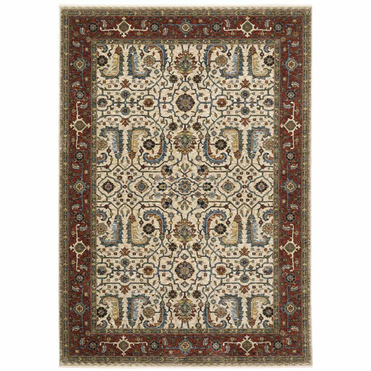 5' X 8' Ivory Red Green Grey Blue And Navy Oriental Power Loom Stain Resistant Area Rug With Fringe - Homeroots - Flyclothing LLC