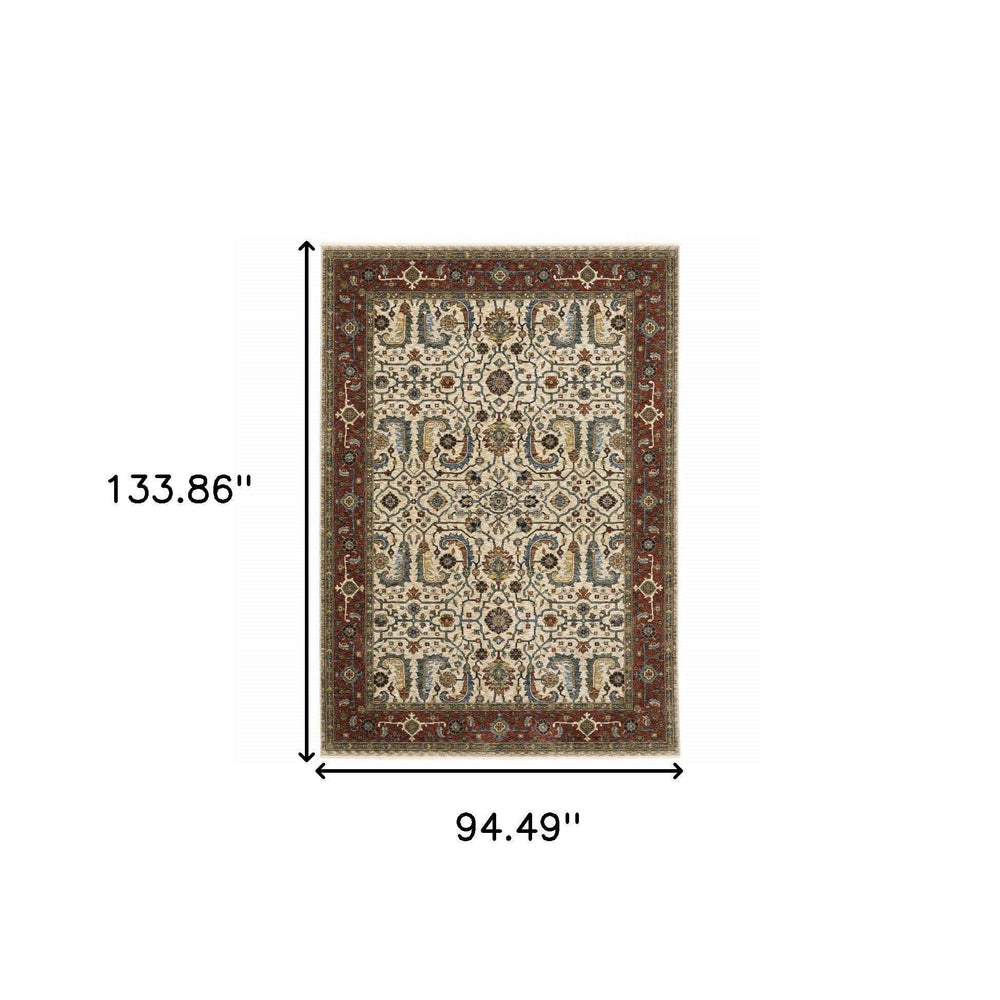 8' X 11' Ivory Red Green Grey Blue And Navy Oriental Power Loom Stain Resistant Area Rug With Fringe - Homeroots - Flyclothing LLC