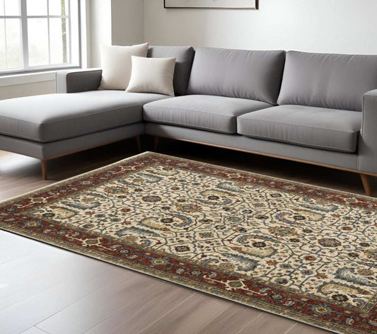 8' X 11' Ivory Red Green Grey Blue And Navy Oriental Power Loom Stain Resistant Area Rug With Fringe - Homeroots - Flyclothing LLC