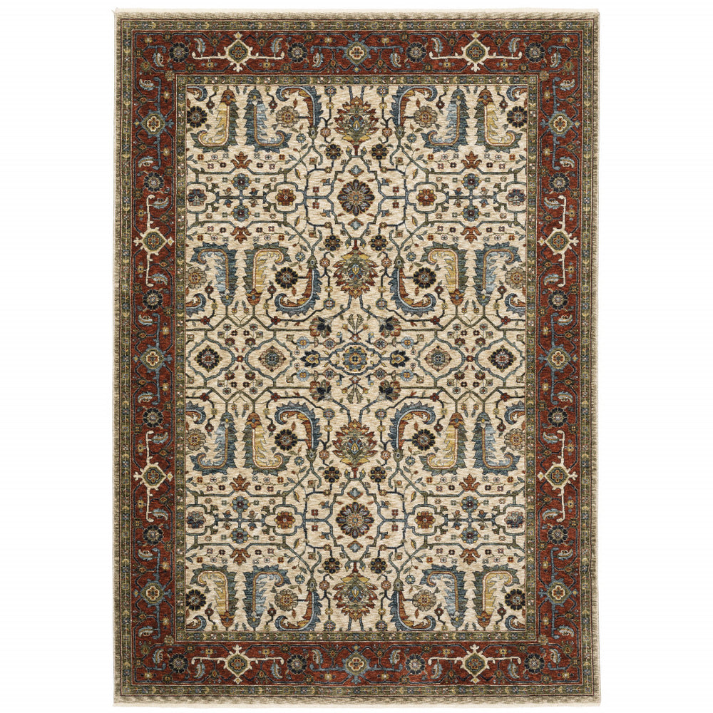 10' X 13' Ivory Red Green Grey Blue And Navy Oriental Power Loom Stain Resistant Area Rug With Fringe - Homeroots