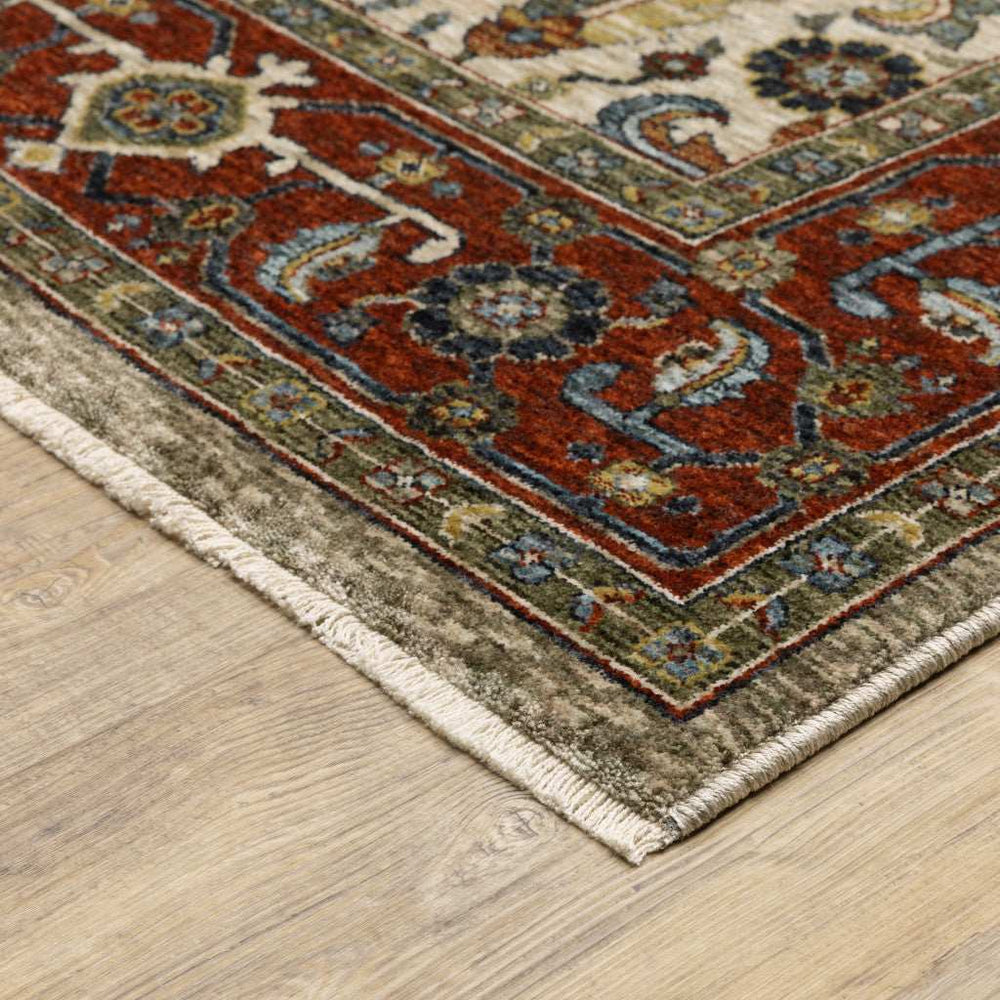 10' X 13' Ivory Red Green Grey Blue And Navy Oriental Power Loom Stain Resistant Area Rug With Fringe - Homeroots - Flyclothing LLC