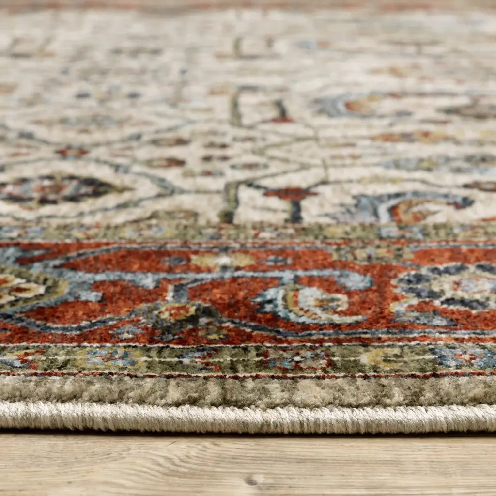 10' X 13' Ivory Red Green Grey Blue And Navy Oriental Power Loom Stain Resistant Area Rug With Fringe - Homeroots - Flyclothing LLC