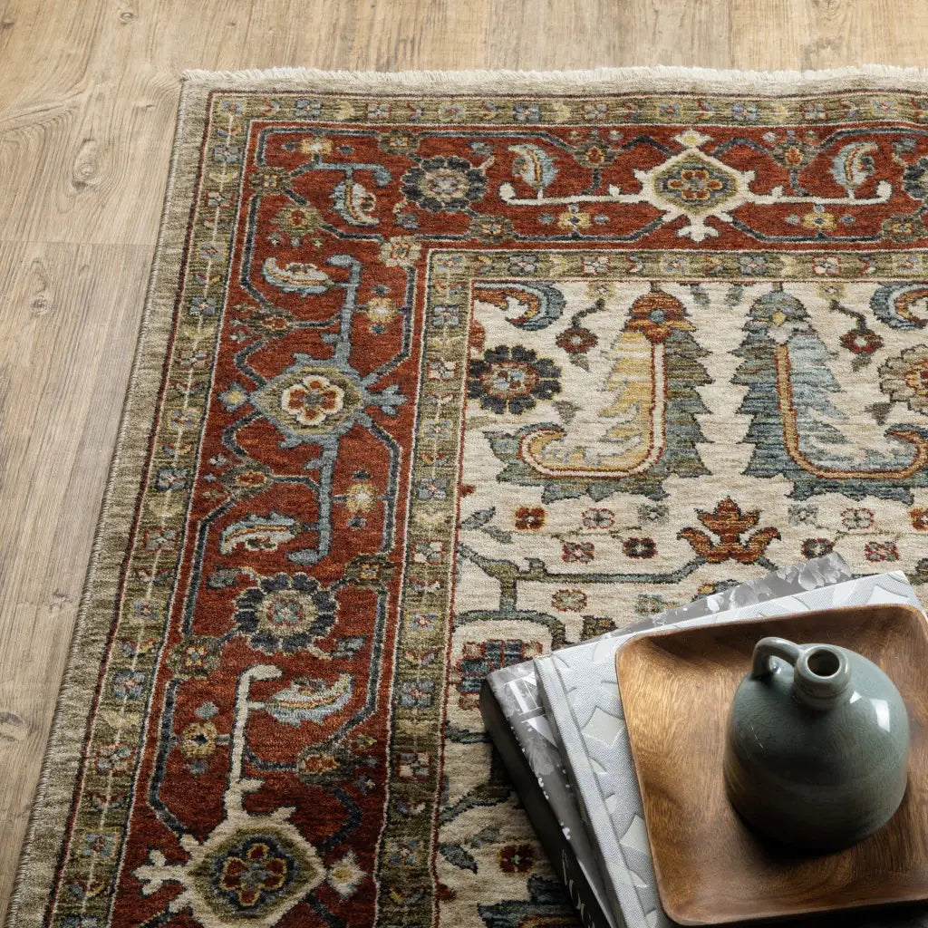 10' X 13' Ivory Red Green Grey Blue And Navy Oriental Power Loom Stain Resistant Area Rug With Fringe - Homeroots - Flyclothing LLC
