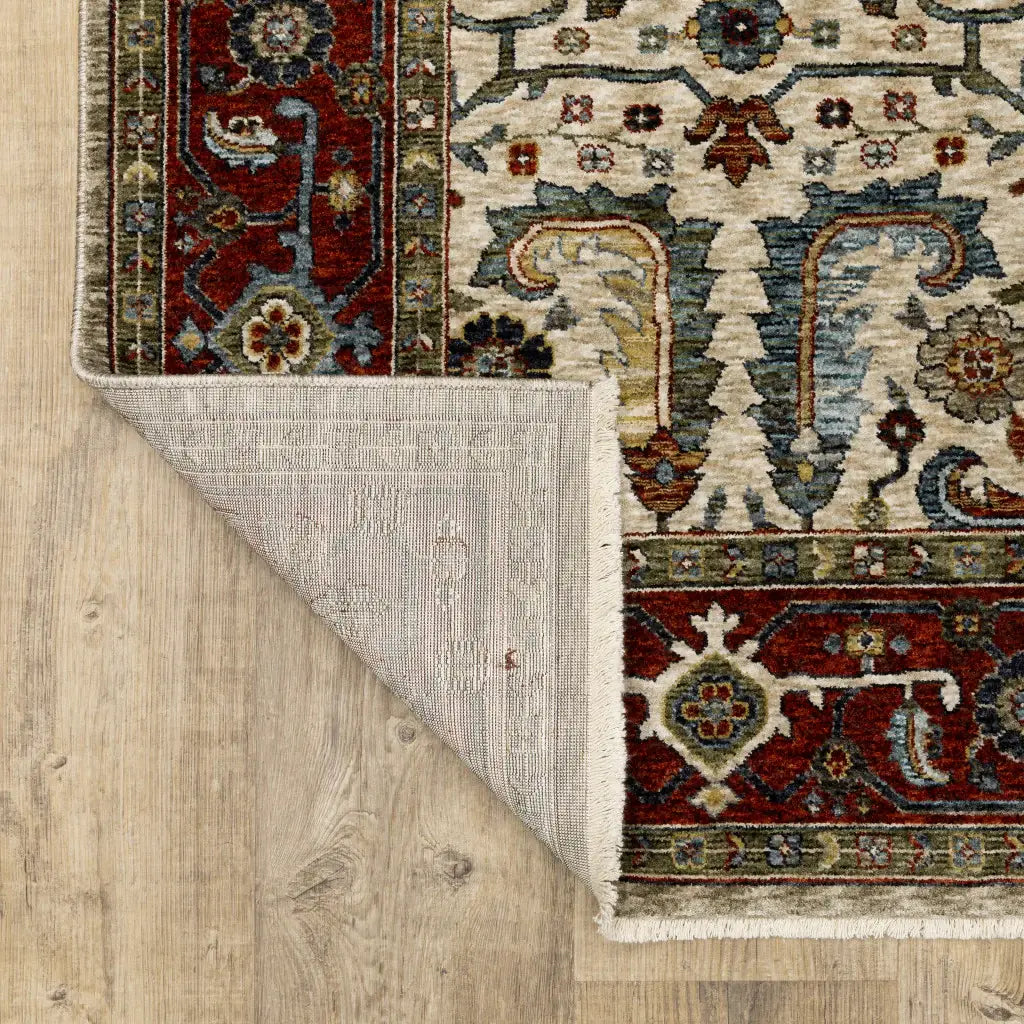 10' X 13' Ivory Red Green Grey Blue And Navy Oriental Power Loom Stain Resistant Area Rug With Fringe - Homeroots - Flyclothing LLC