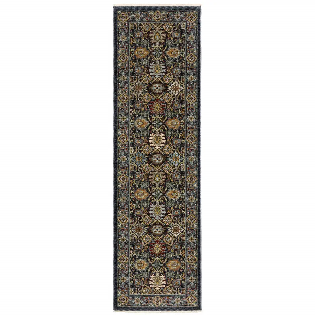 2' X 8' Blue And Beige Oriental Power Loom Runner Rug With Fringe - Homeroots - Flyclothing LLC