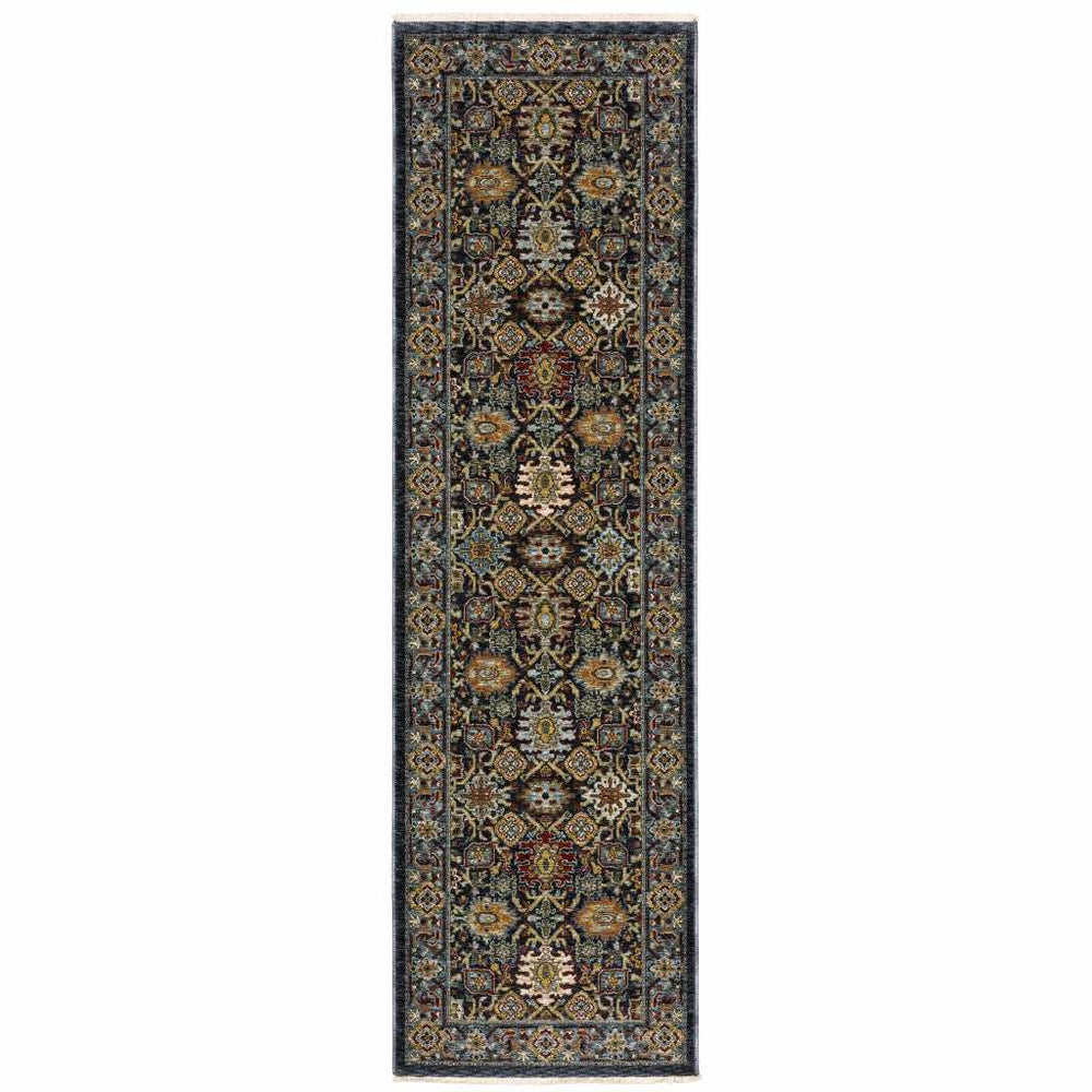2' X 8' Blue And Beige Oriental Power Loom Runner Rug With Fringe - Homeroots - Flyclothing LLC