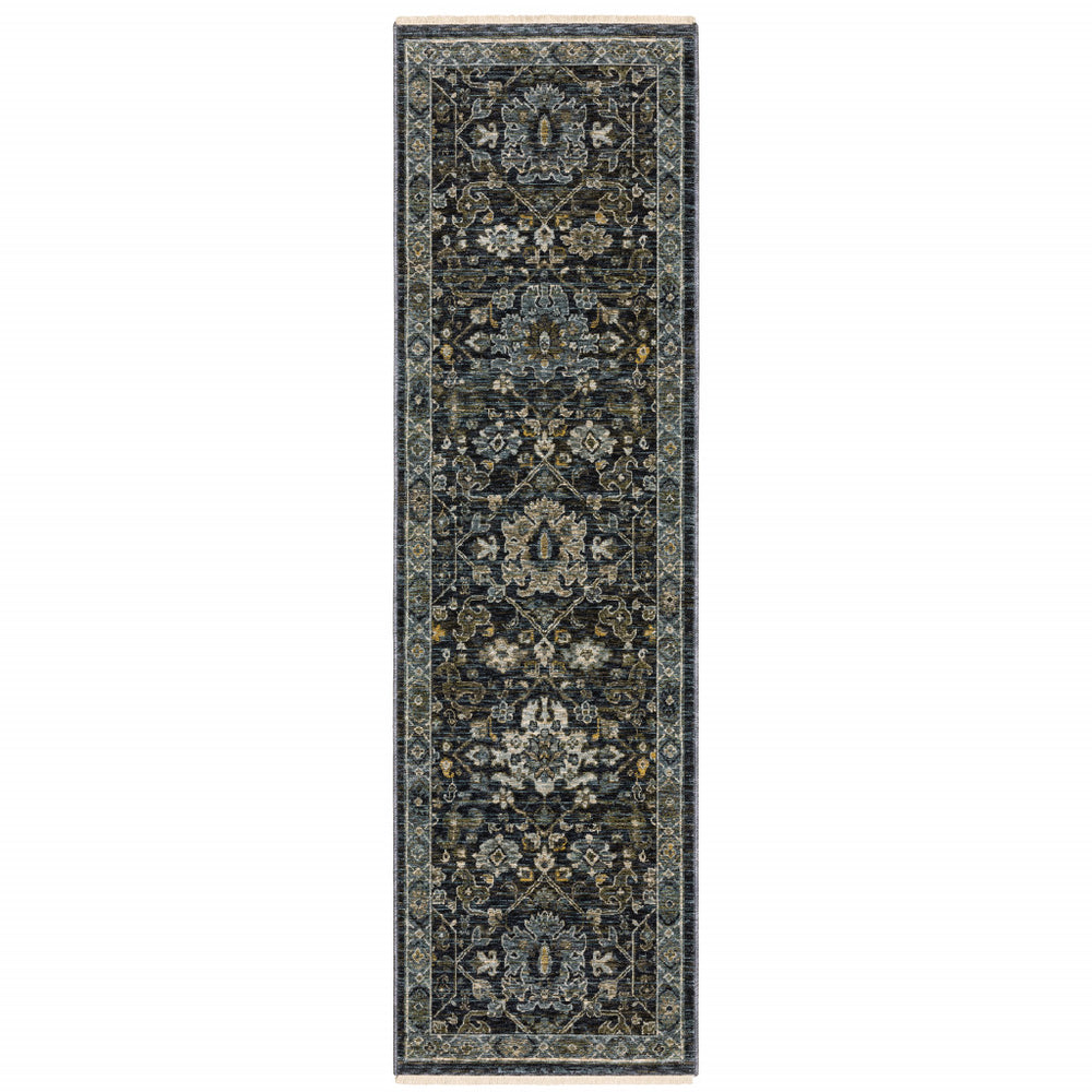 8' Blue and Ivory Oriental Power Loom Runner Rug - Homeroots