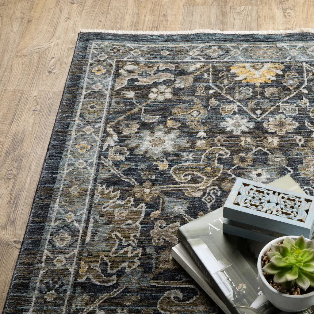 2' X 3' Blue Ivory Grey Gold Green And Brown Oriental Power Loom Stain Resistant Area Rug With Fringe - Homeroots - Flyclothing LLC