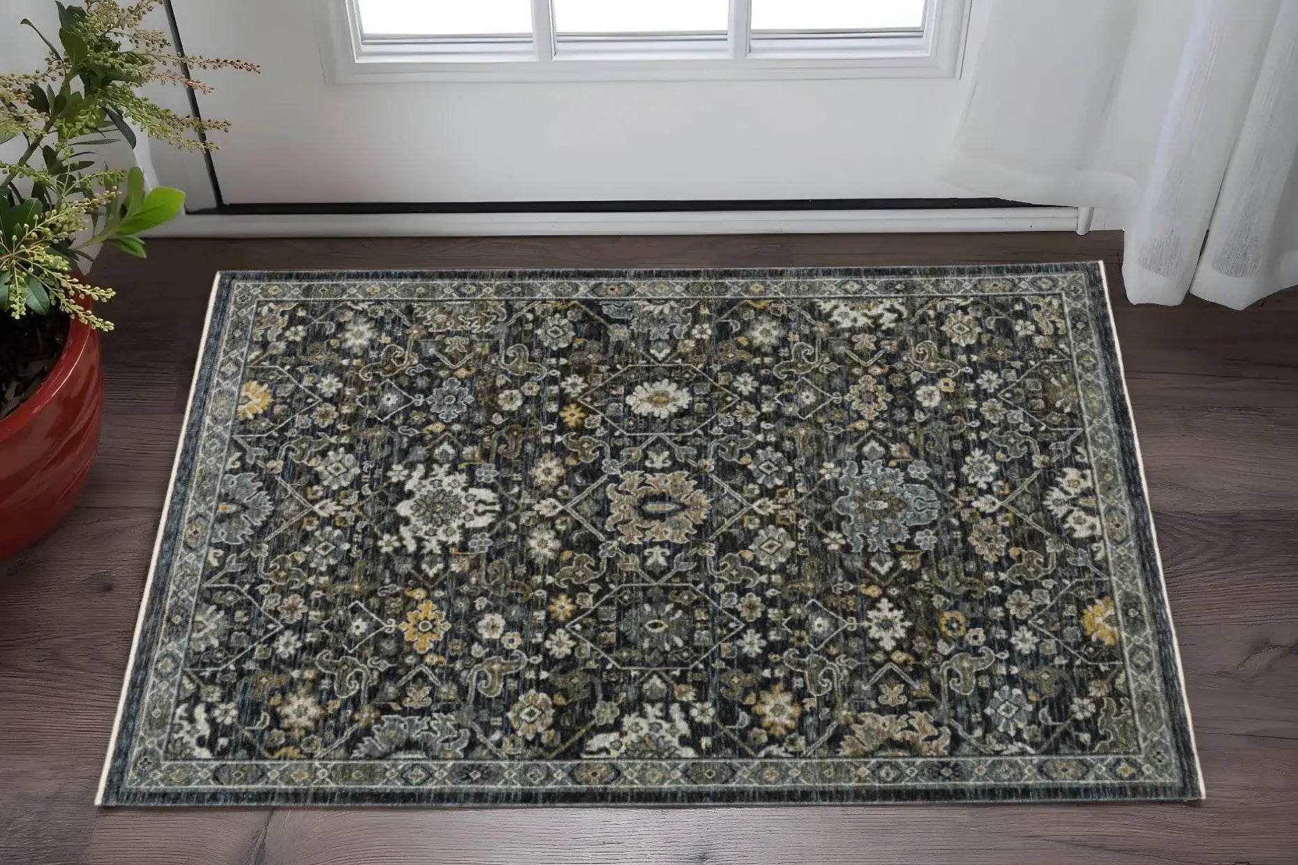 3' X 5' Blue Ivory Grey Gold Green And Brown Oriental Power Loom Stain Resistant Area Rug With Fringe - Homeroots - Flyclothing LLC