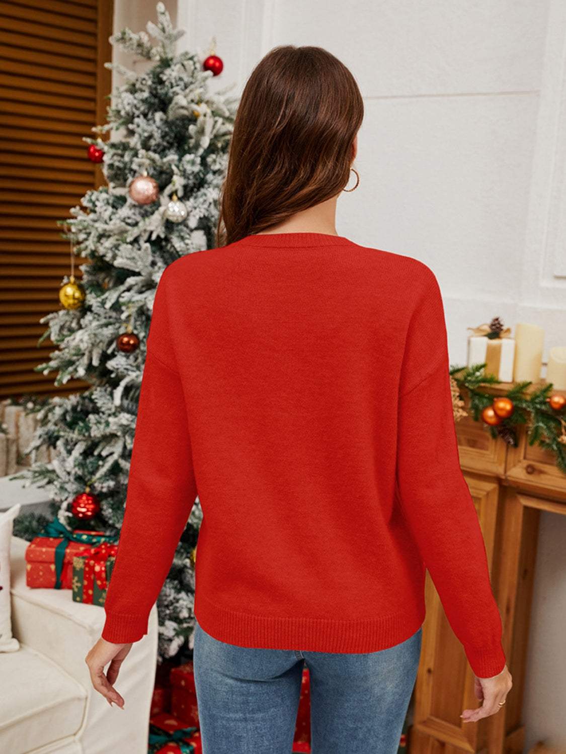 Sequin Candy Cane Round Neck Long Sleeve Sweater - Trendsi - Flyclothing LLC