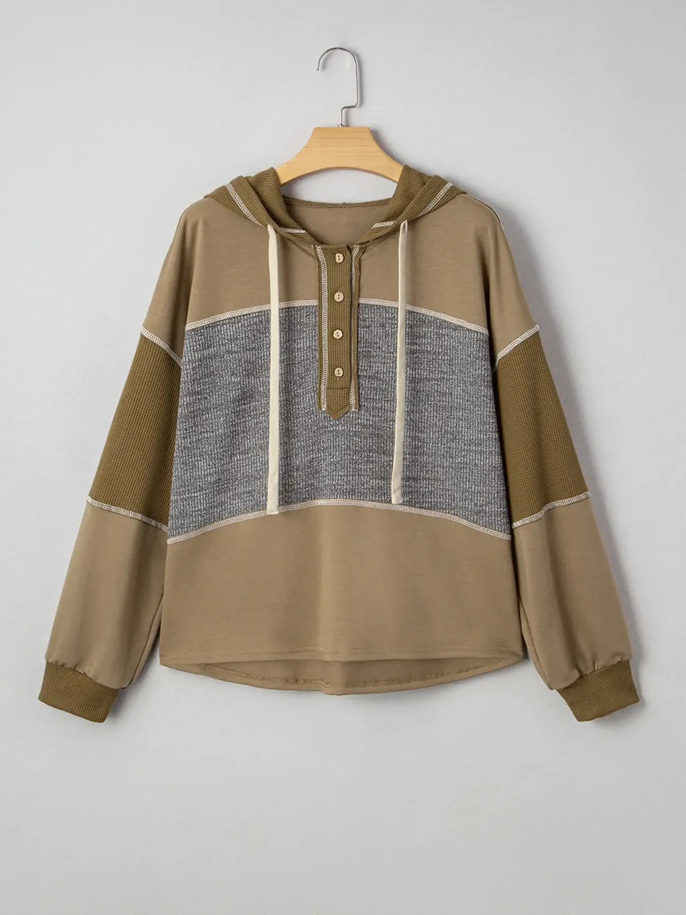 Mixed Texture Patchwork Exposed Seam Half Button Hoodie - Trendsi - Flyclothing LLC