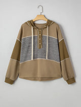 Mixed Texture Patchwork Exposed Seam Half Button Hoodie - Trendsi - Flyclothing LLC