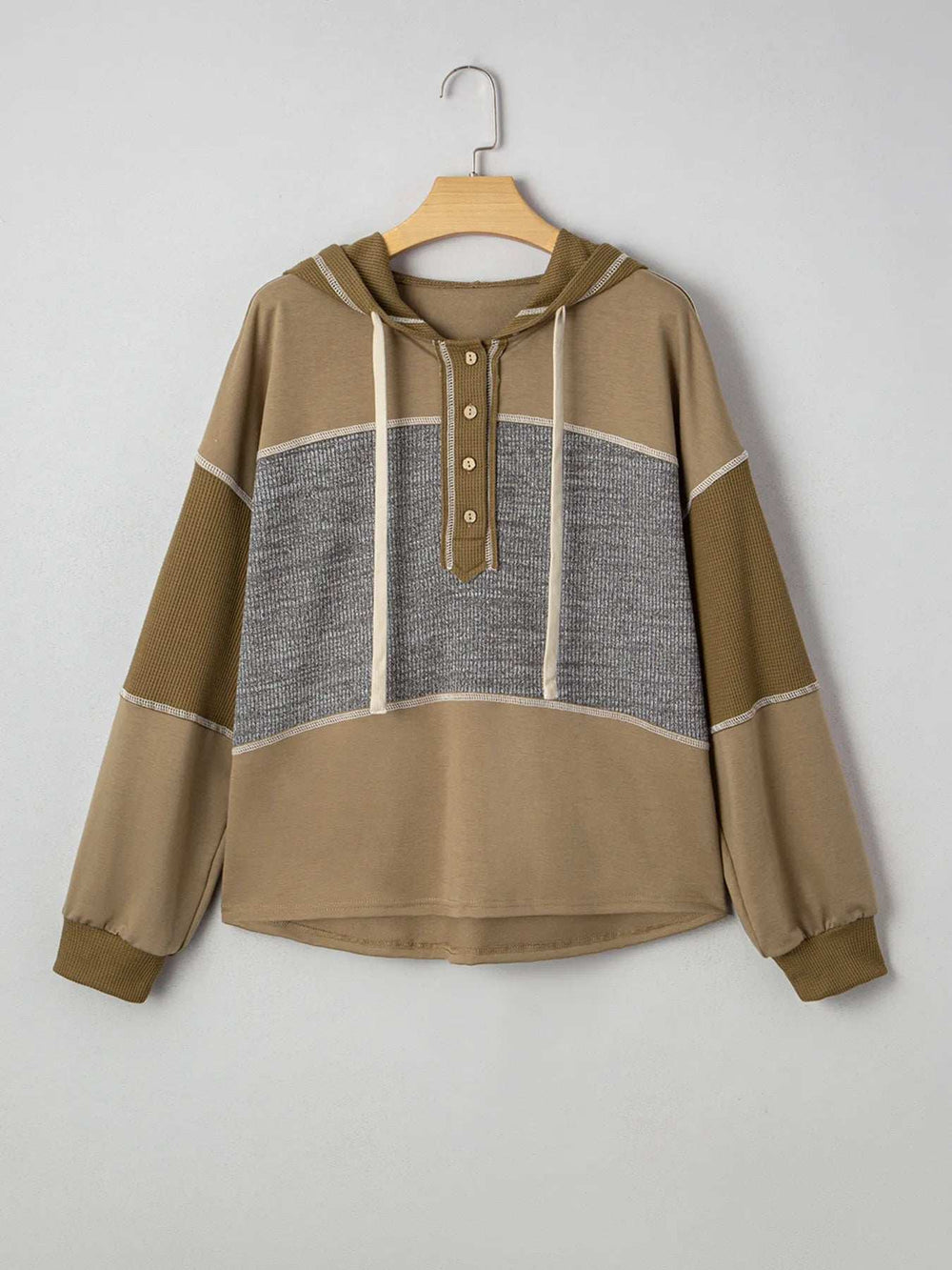 Mixed Texture Patchwork Exposed Seam Half Button Hoodie - Trendsi - Flyclothing LLC