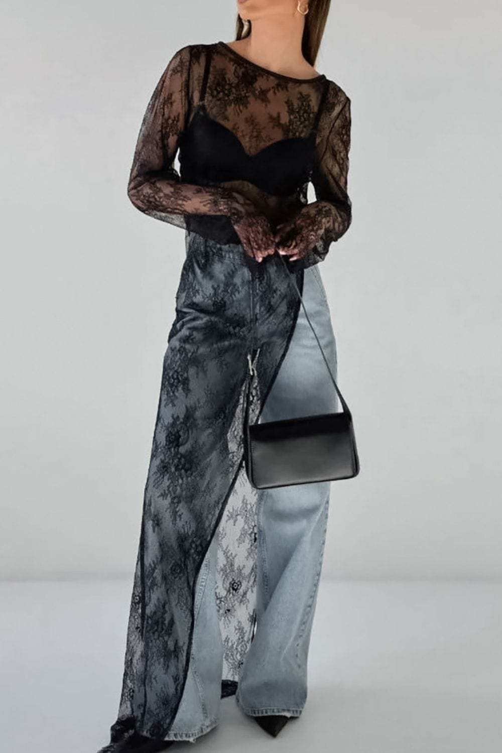 Fringe Round Neck Long Sleeve Lace Sheer Top - Trendsi - Flyclothing LLC