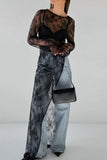 Fringe Round Neck Long Sleeve Lace Sheer Top - Trendsi