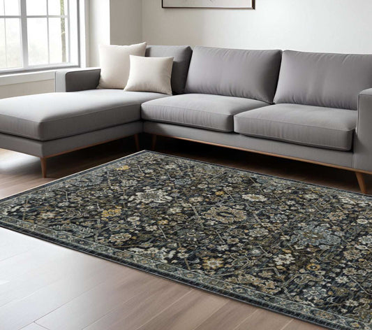 8' X 11' Blue Ivory Grey Gold Green And Brown Oriental Power Loom Stain Resistant Area Rug With Fringe - Homeroots - Flyclothing LLC