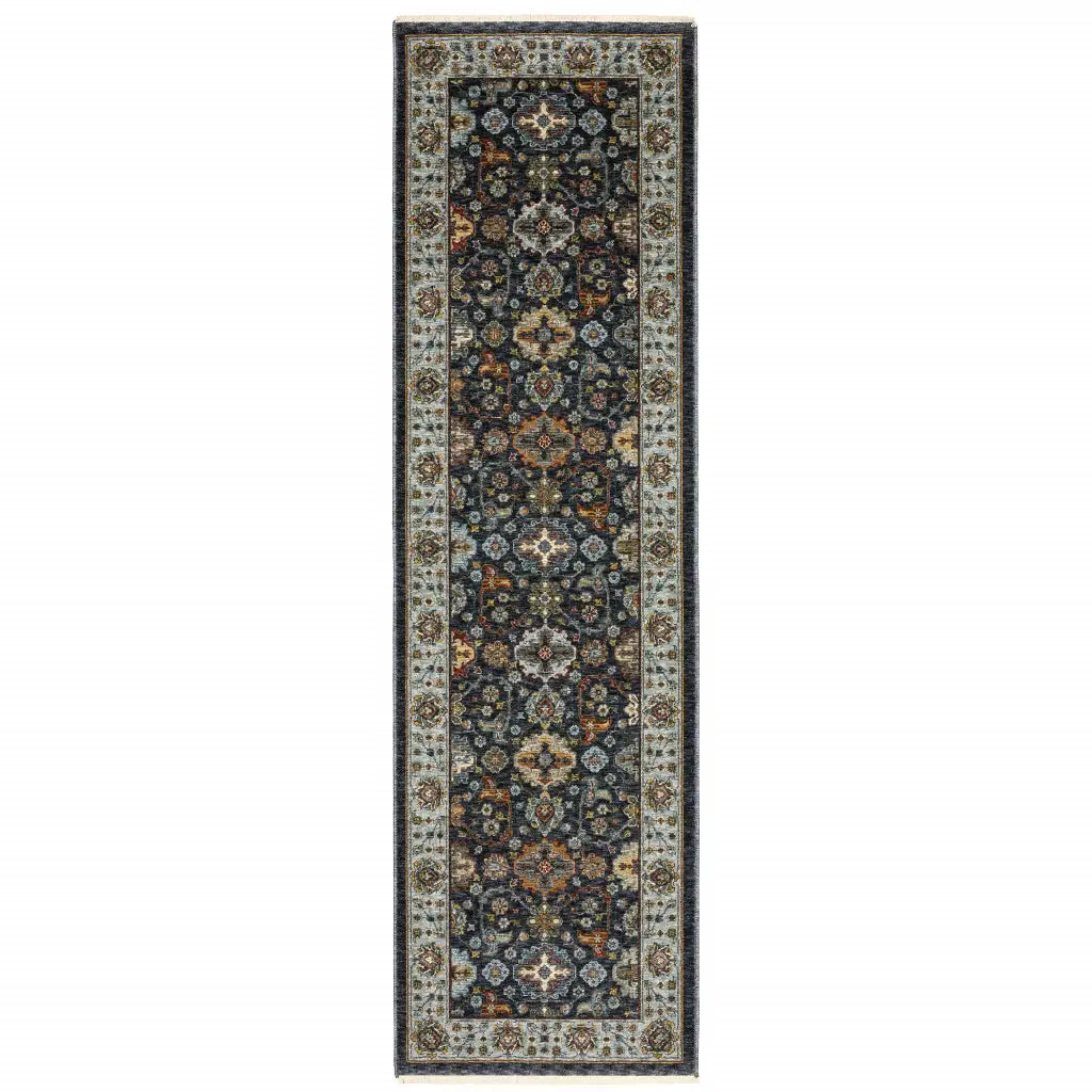 2' X 8' Blue And Beige Oriental Power Loom Runner Rug With Fringe - Homeroots - Flyclothing LLC