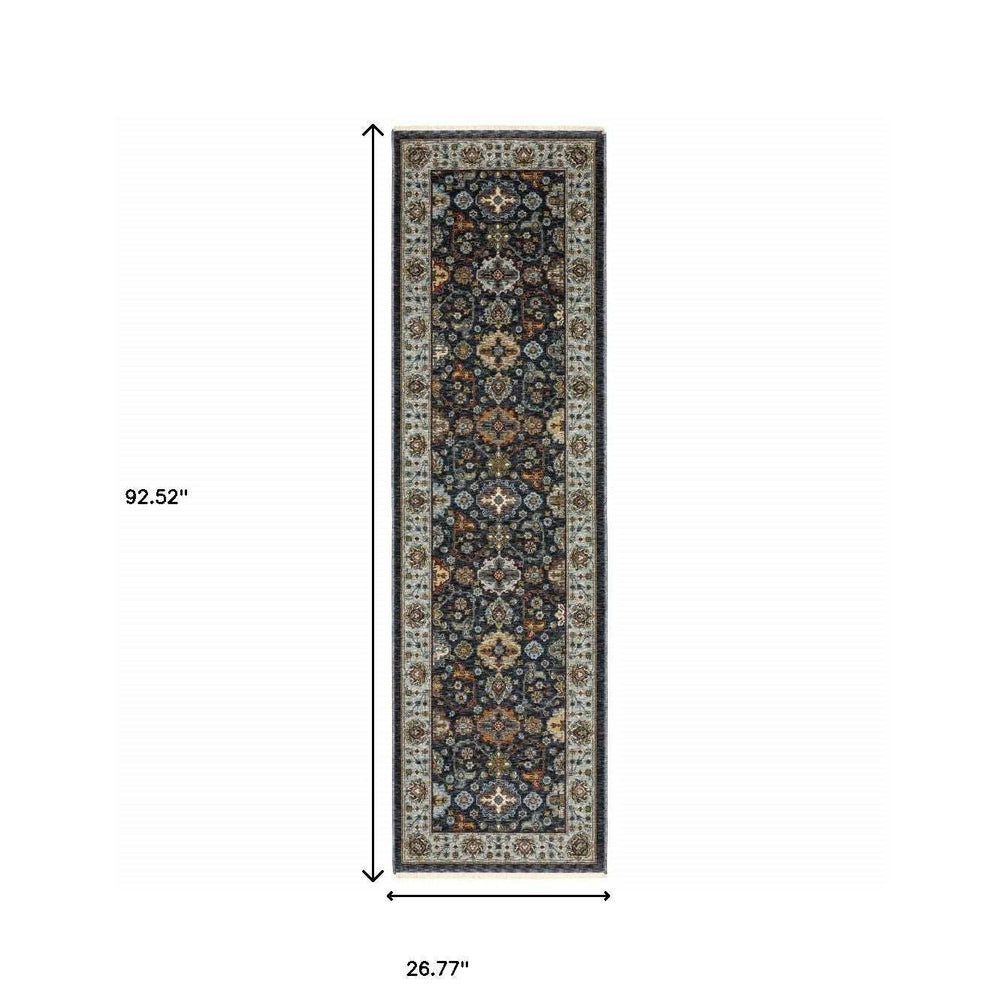2' X 8' Blue And Beige Oriental Power Loom Runner Rug With Fringe - Homeroots - Flyclothing LLC