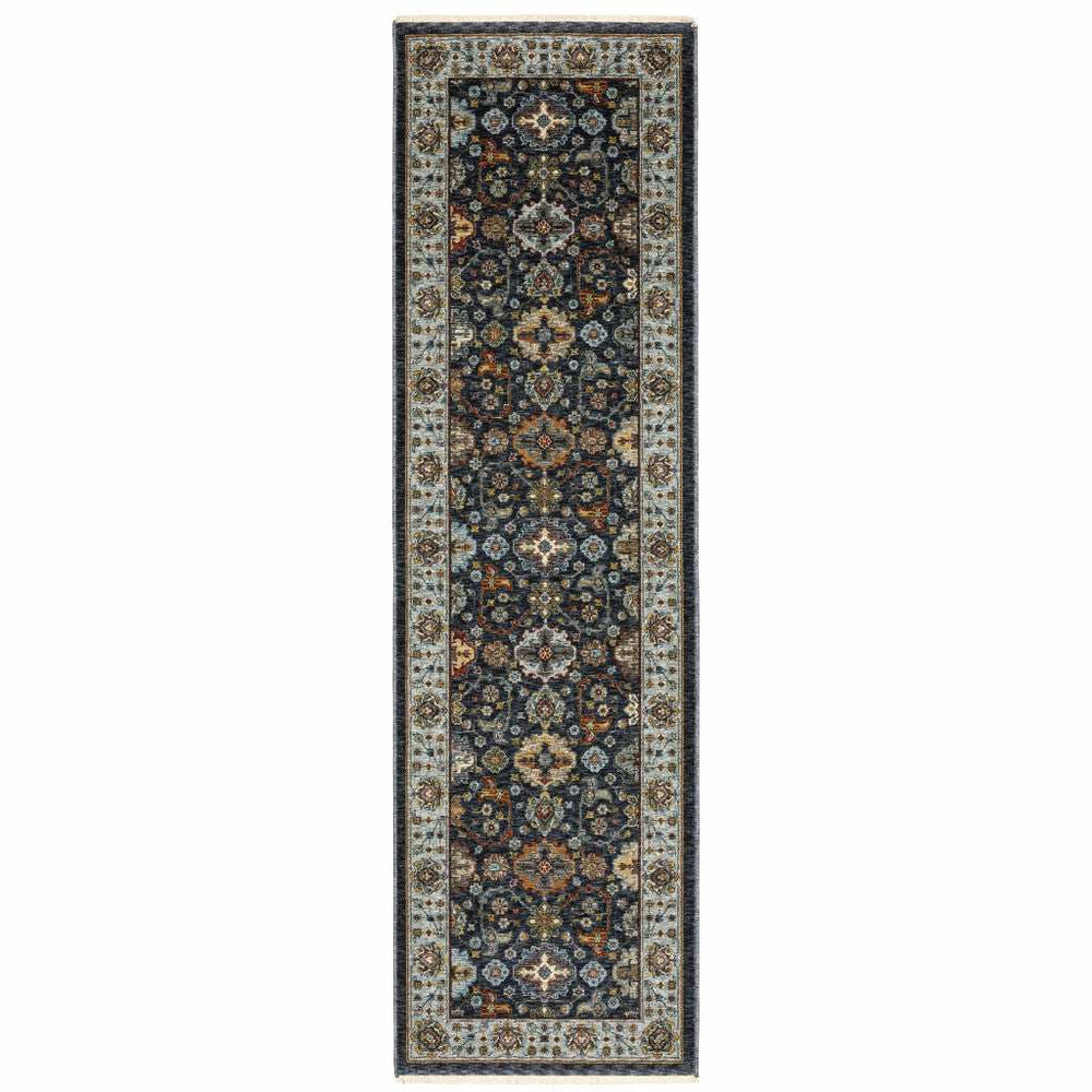 2' X 8' Blue And Beige Oriental Power Loom Runner Rug With Fringe - Homeroots - Flyclothing LLC