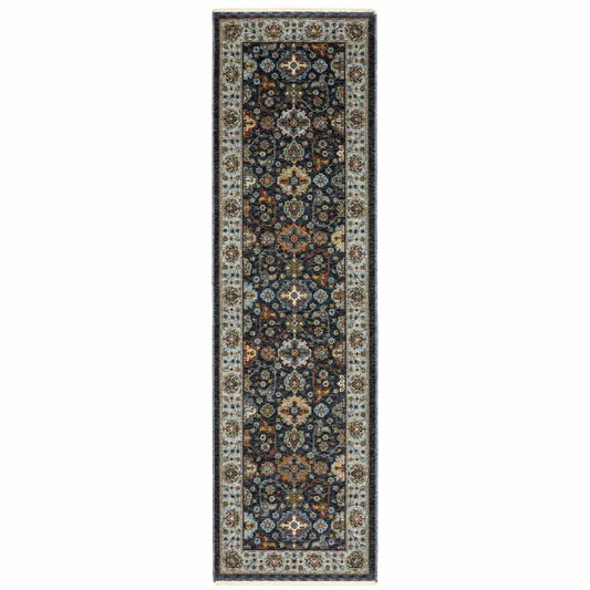 2' X 8' Blue And Beige Oriental Power Loom Runner Rug With Fringe - Homeroots - Flyclothing LLC