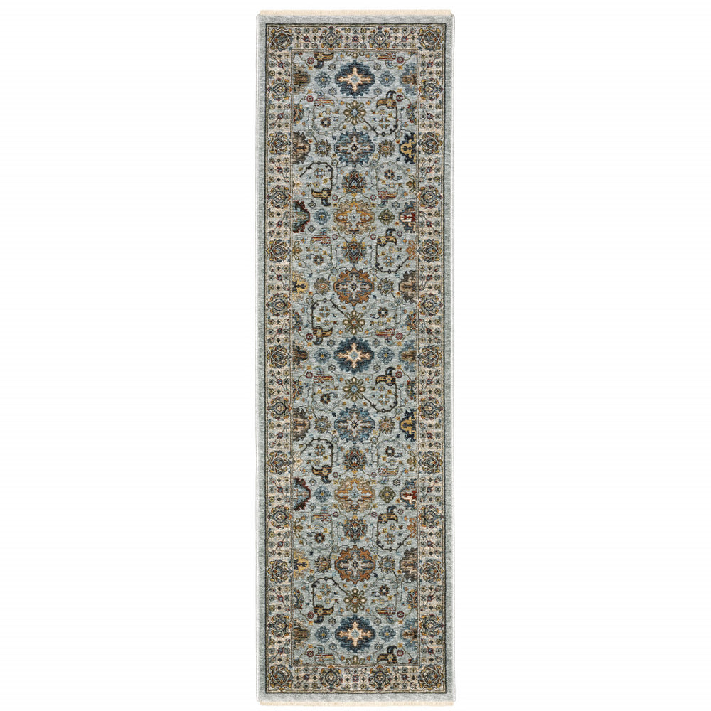 8' Blue And Ivory Oriental Power Loom Runner Rug With Fringe