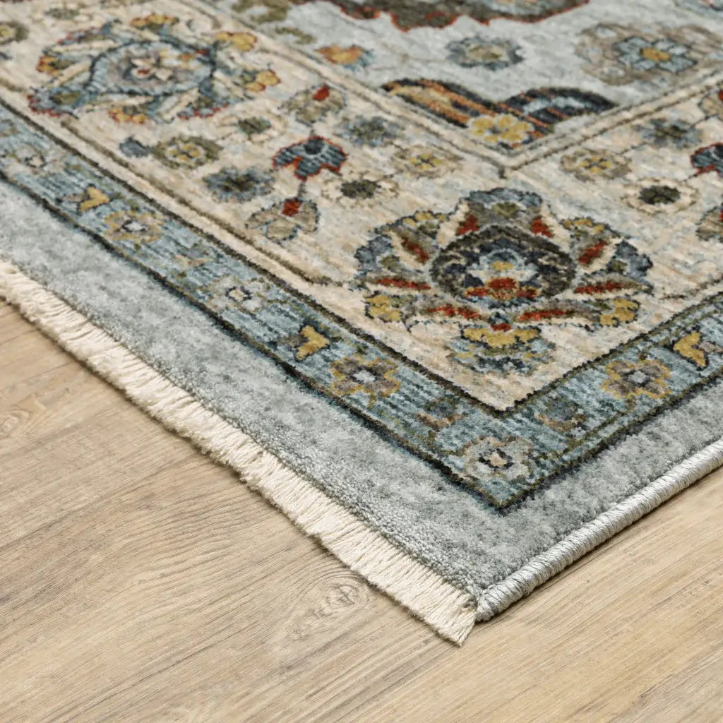 2' X 3' Blue Beige Grey Green Yellow And Rust Oriental Power Loom Stain Resistant Area Rug With Fringe - Homeroots - Flyclothing LLC