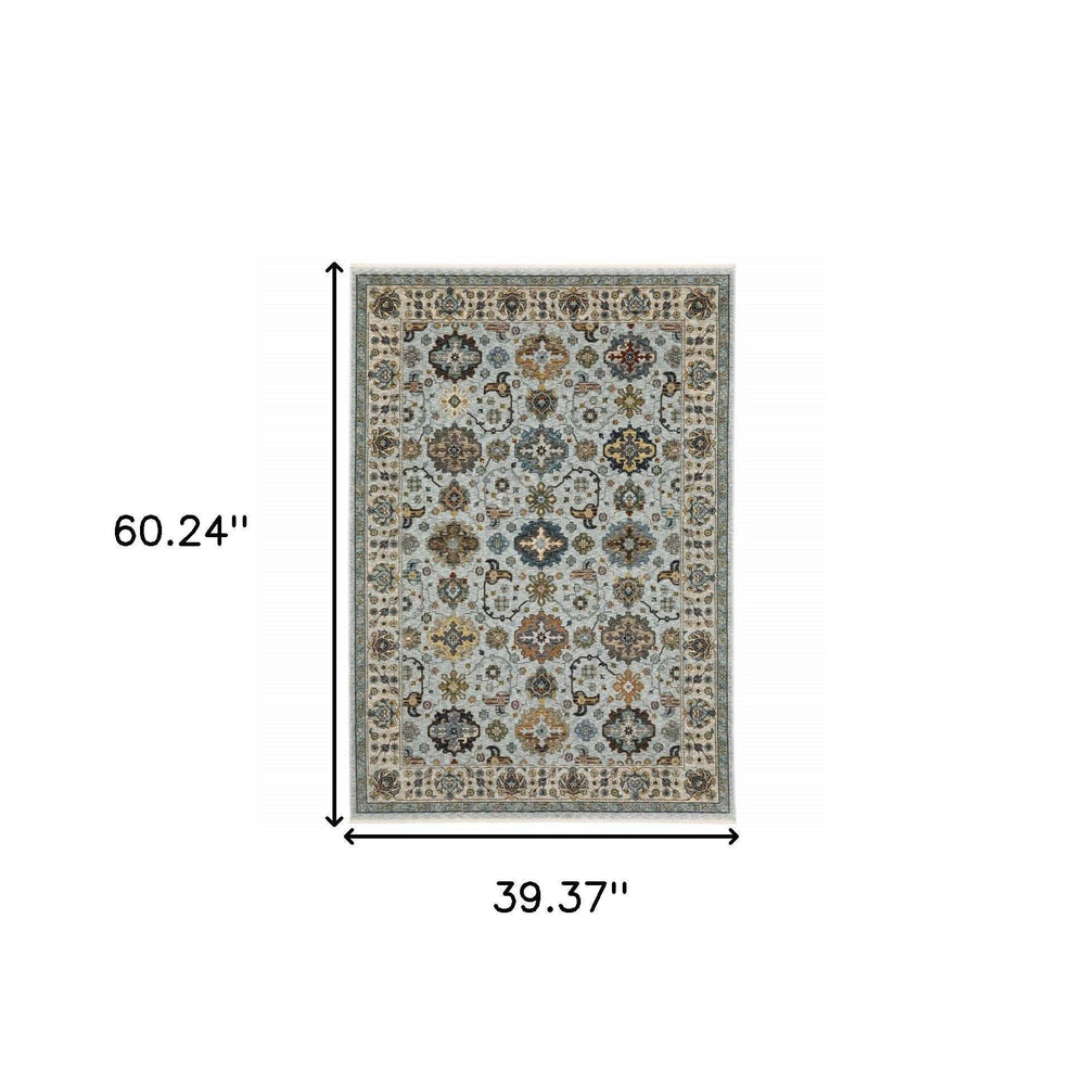 3' X 5' Blue Beige Grey Green Yellow And Rust Oriental Power Loom Stain Resistant Area Rug With Fringe - Homeroots - Flyclothing LLC