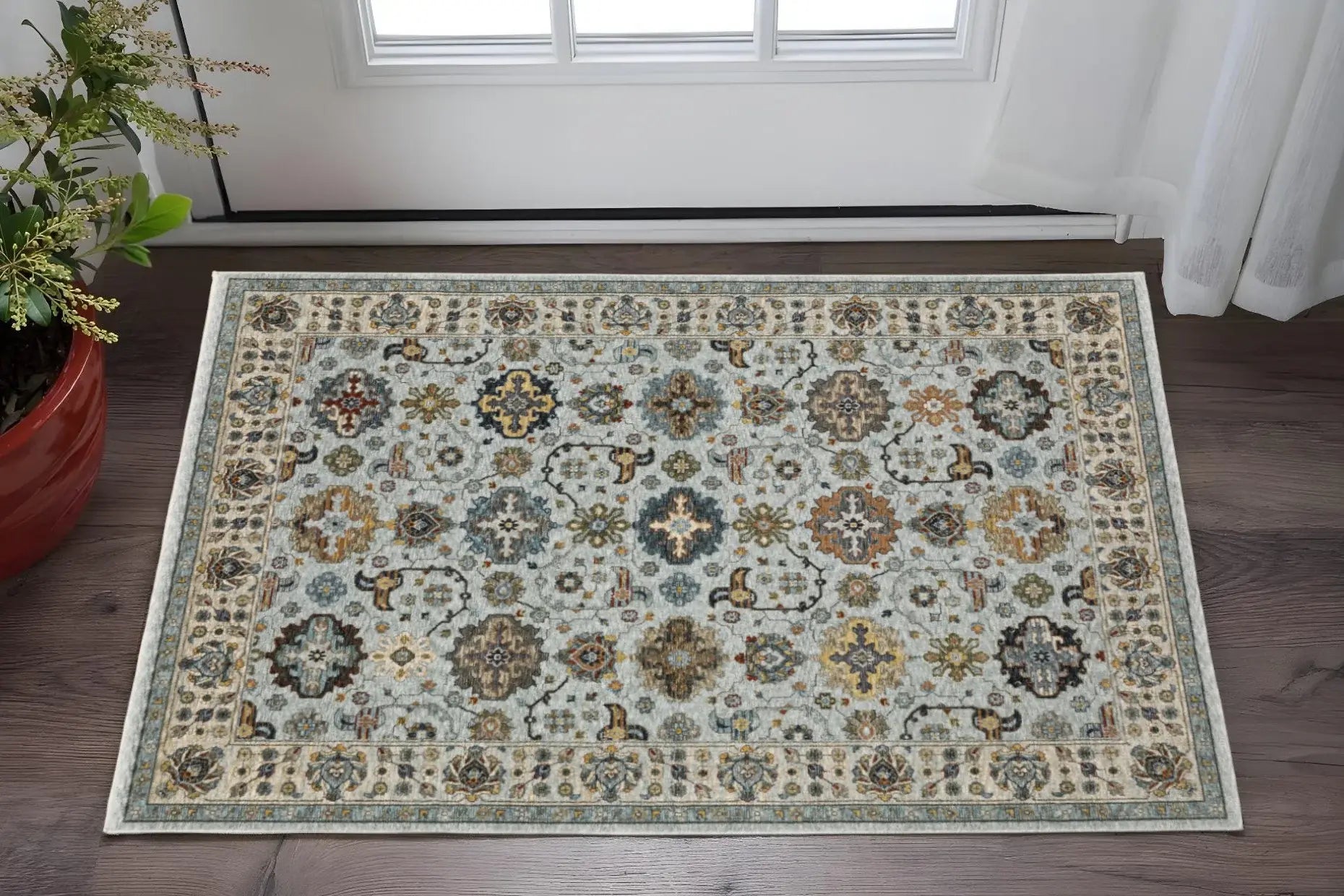3' X 5' Blue Beige Grey Green Yellow And Rust Oriental Power Loom Stain Resistant Area Rug With Fringe - Homeroots - Flyclothing LLC
