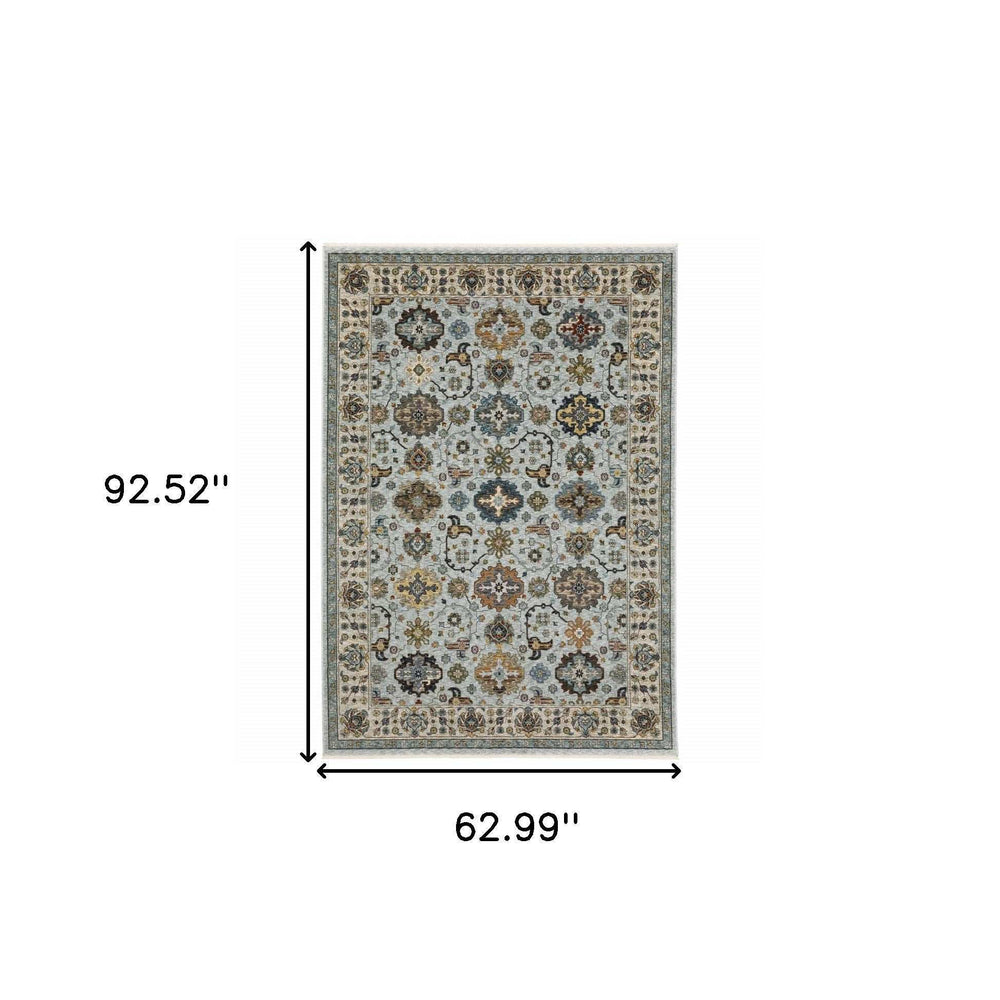 5' X 8' Blue Beige Grey Green Yellow And Rust Oriental Power Loom Stain Resistant Area Rug With Fringe - Homeroots - Flyclothing LLC