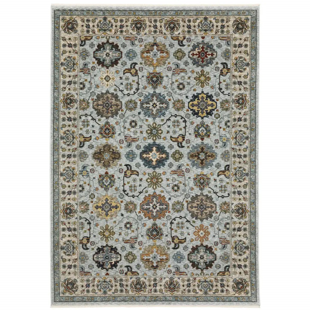 8' X 11' Blue Beige Grey Green Yellow And Rust Oriental Power Loom Stain Resistant Area Rug With Fringe - Homeroots - Flyclothing LLC