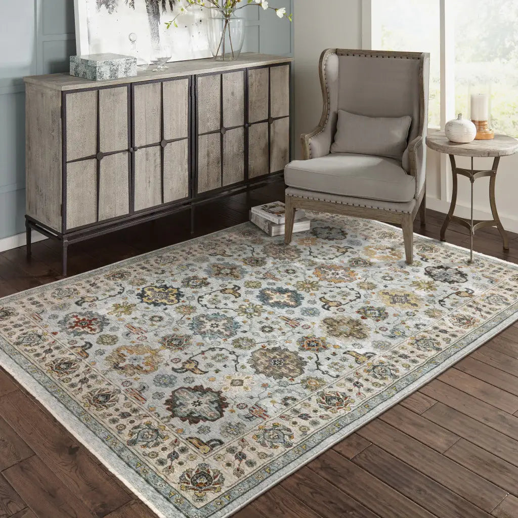 8' X 11' Blue Beige Grey Green Yellow And Rust Oriental Power Loom Stain Resistant Area Rug With Fringe - Homeroots - Flyclothing LLC