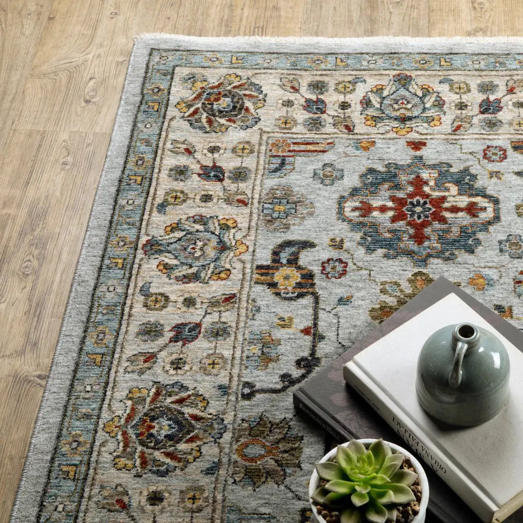 8' X 11' Blue Beige Grey Green Yellow And Rust Oriental Power Loom Stain Resistant Area Rug With Fringe - Homeroots - Flyclothing LLC